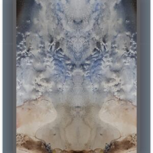 A mirrored slice of the artist's work creates an abstract image that resembles a polar bear in shades of light blue and grey with a brown earthy colour at the base.