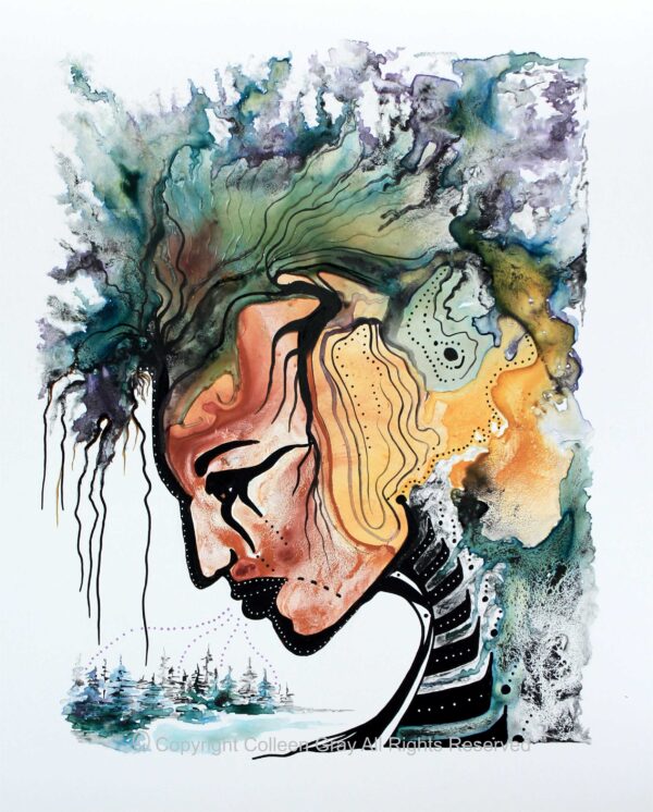 A woman with stormy hair in earth tones looks down at the trees beneath her. She is a giant presence in the image with a linear design down her throat symbolizing communication between her and the trees.