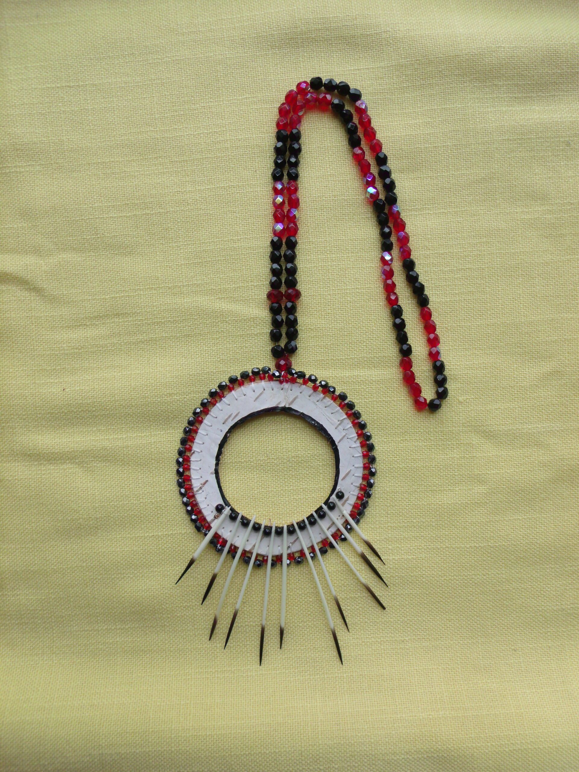 birchbark, porcupine quill with red and black svorski crystal necklace