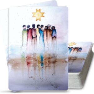 Watercolour image - Several people are standing together after the rain and you can see their reflection in the water. They are standing under the sunrise, which is depicted as an 8 pointed star.