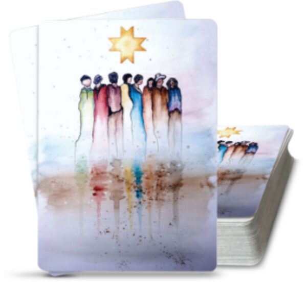 Watercolour image - Several people are standing together after the rain and you can see their reflection in the water. They are standing under the sunrise, which is depicted as an 8 pointed star.