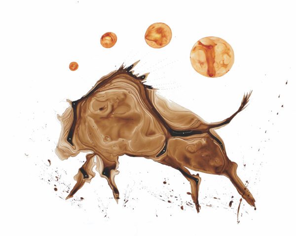 A buffalo dances with 4 moons overhead. His hooves are churning up the ground. The body of the buffalo is made up of lines that are "topographical looking".