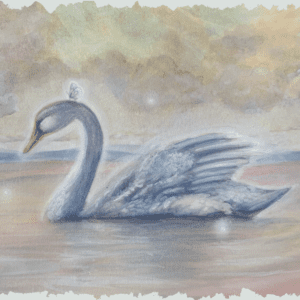 Moth riding swan on water.