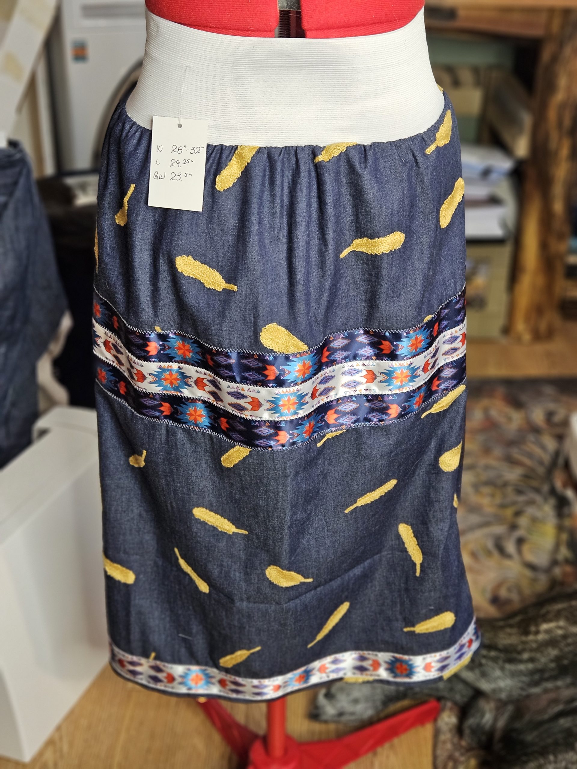✨ Denim & Gold Feather Ribbon Skirt